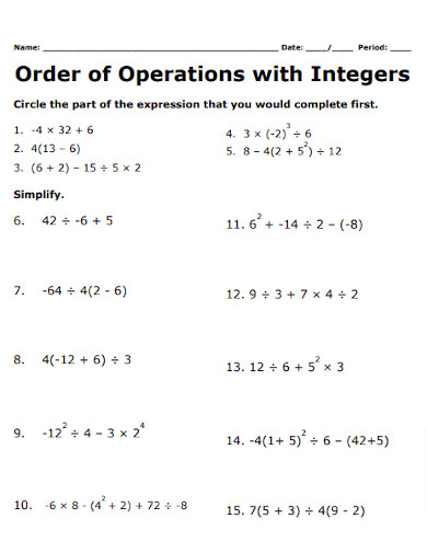 Integer Order of Operations Worksheet