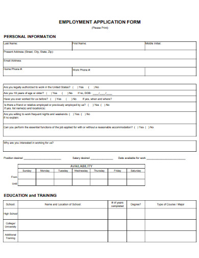 Job Employment Application Form