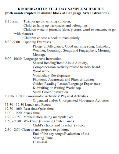 Kindergarten Sample Schedule