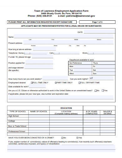 Lawrence Employment Application Form
