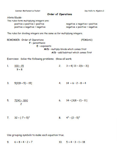 Order of Operations Algebra 2 Worksheet