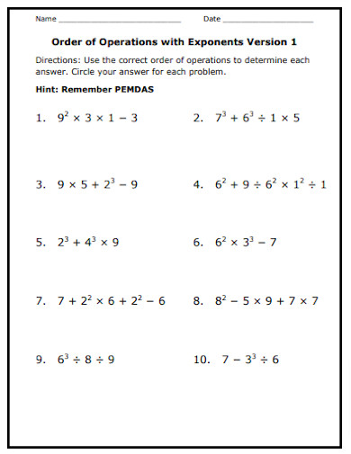 Order of Operations Worksheet with Exponents