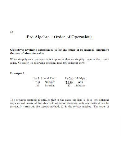 Pre Algebra Order of Operation Worksheet