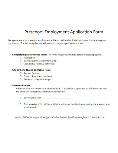Preschool Employment Application Form