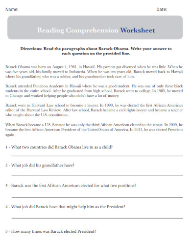 Printable Reading Comprehension Worksheet