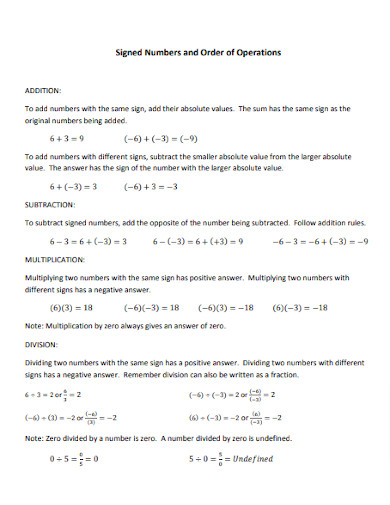 Signed Numbers and Order of Operations Worksheet