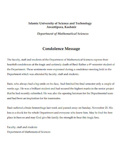Student Condolence Message