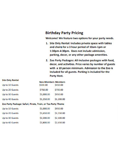 Birthday Party Pricing