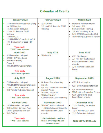 Calendar of Events Schedule