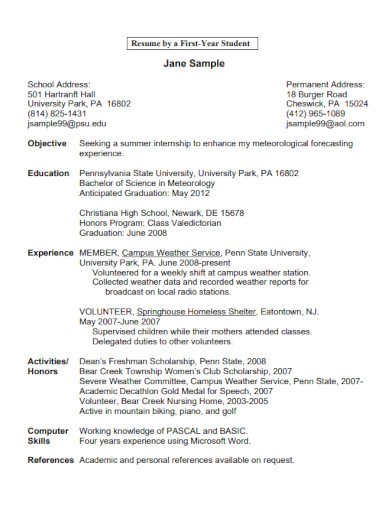 College First Year Student Resume