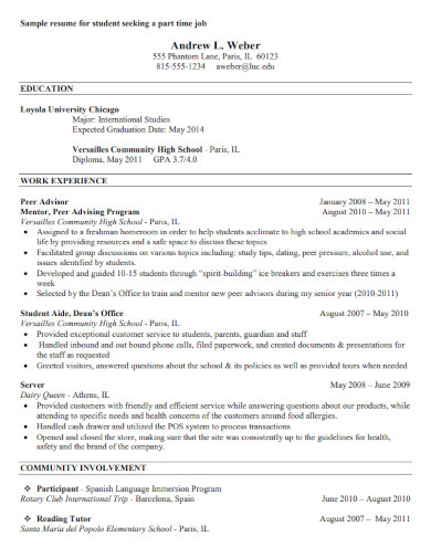 College Student Resume for Part Time Job