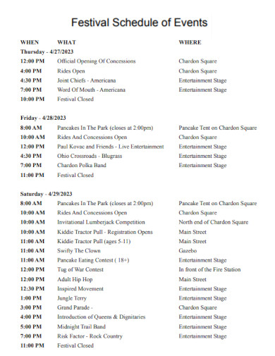 Festival Schedule of Events