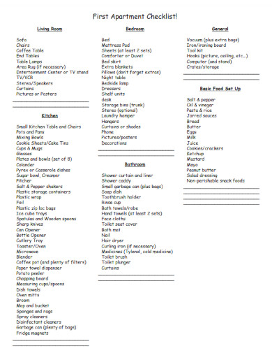 First Apartment Checklist with Kitchen