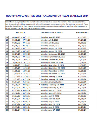 Hourly Employee Time Sheet Calendar