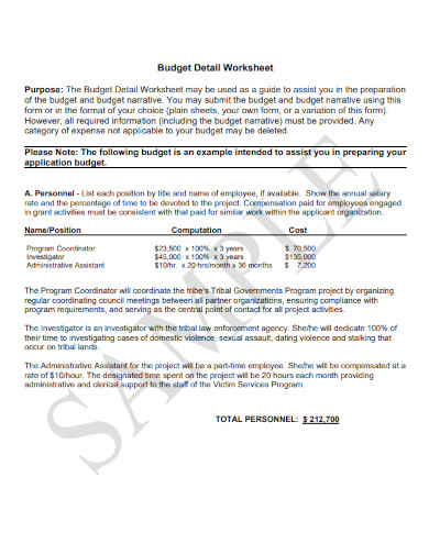 Printable Budget Detail Worksheet