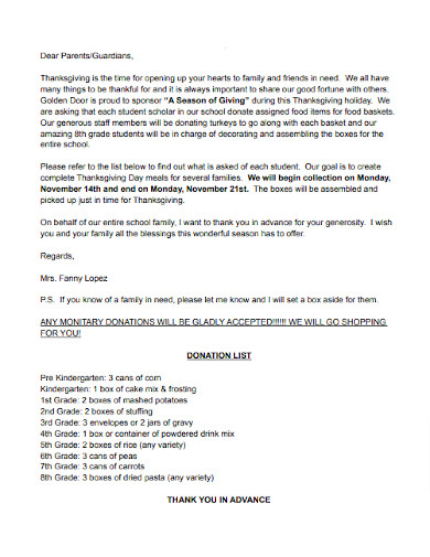 Thanksgiving Donation letter to families