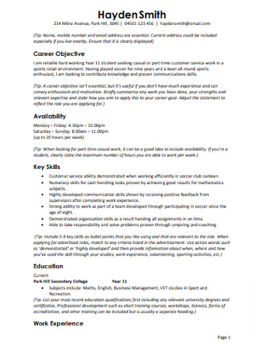 Work Resume for Student