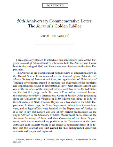 50th Anniversary Commemorative Letter