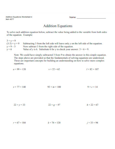 Addition Solving Equations Worksheet