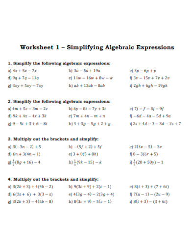 Algebraic Expressions Solving Equations Worksheet