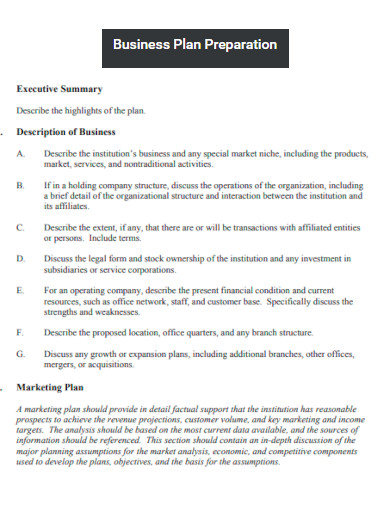 Business Plan Preparation Executive Summary