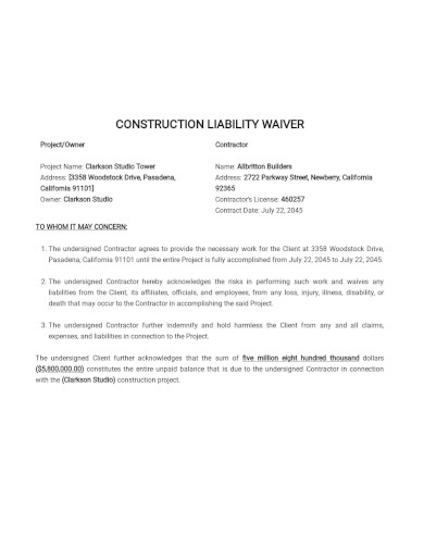Construction Liability Waiver Form Template