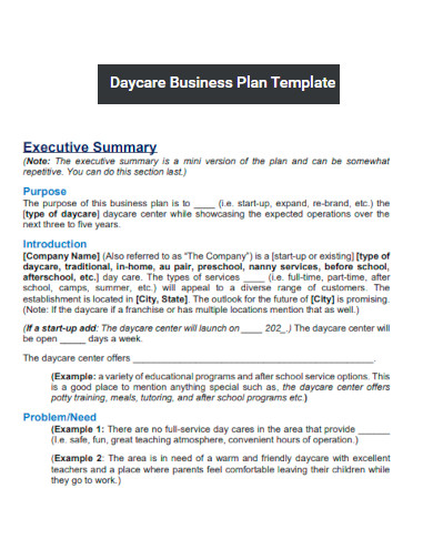 Day Care Business Plan Executive Summary