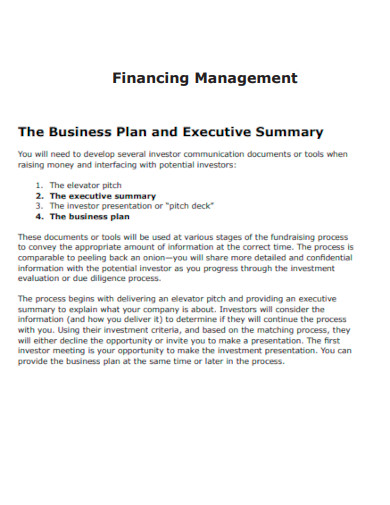 Financing Business Plan Executive Summary