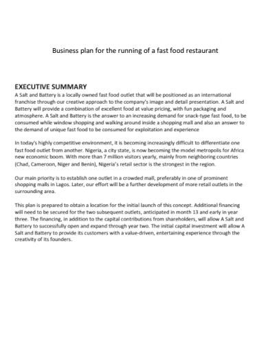 Food Business Plan Executive Summary