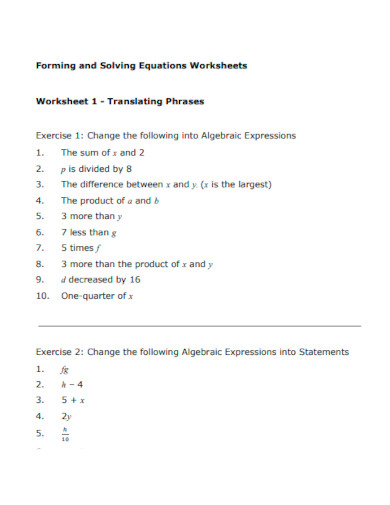 Forming and Solving Equations Worksheet