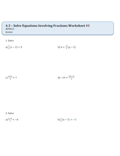 Fraction Solving Equations Worksheet