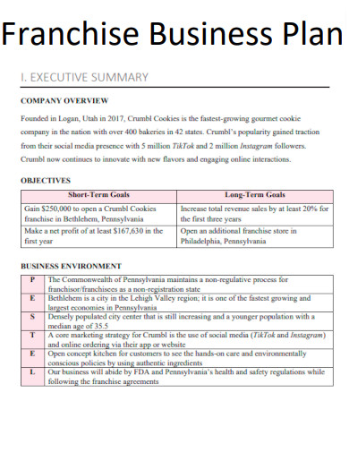 Franchise Business Plan Executive Summary