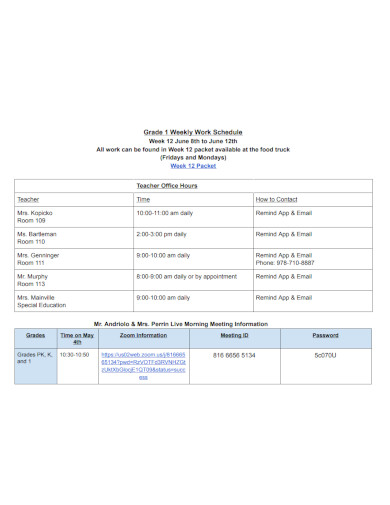 Grade 1 Weekly Work Schedule