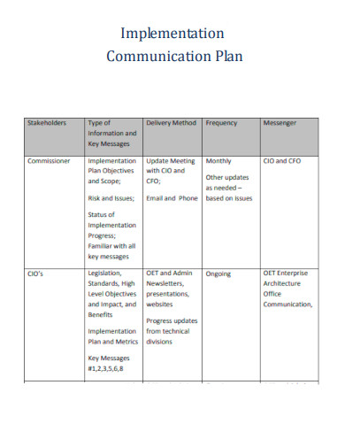 Implementation Communication Plan