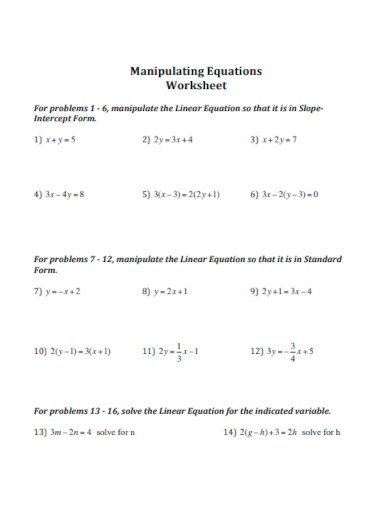 Manipulating Solving Equations Worksheet