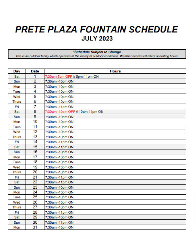 Monthly Fountain Schedule