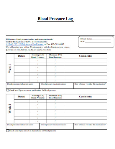 Morning Blood Pressure Log Sheet
