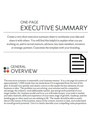 One Page Business Plan Executive Summary