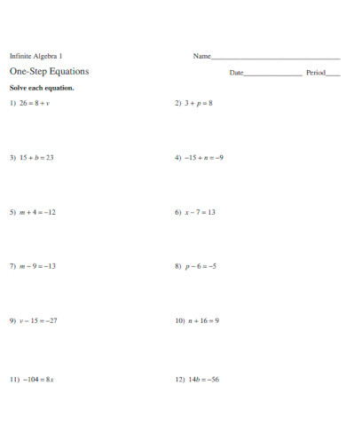One Step Solving Equations Worksheet