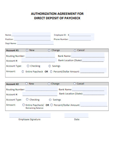 Paycheck Direct Deposit Authorization Agreement