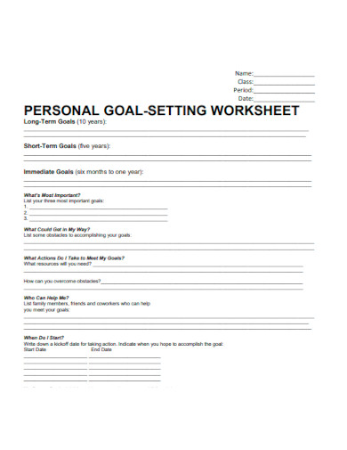 Personal Goal Setting Worksheet