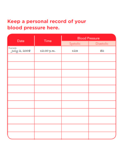 Personal Record Blood Pressure Log Sheet