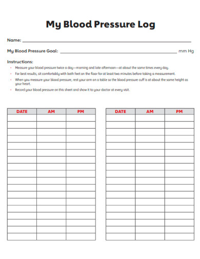 Printable Blood Pressure Log Sheet