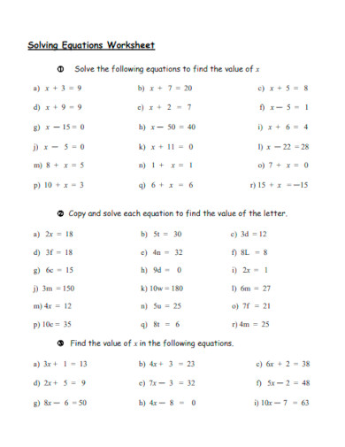 Printable Solving Equations Worksheet