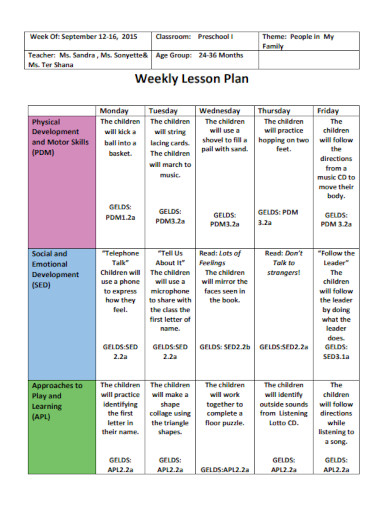 Printable Weekly Lesson Plan