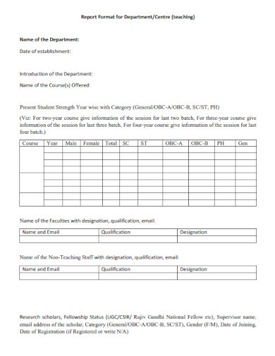 Report Format for Teaching Department