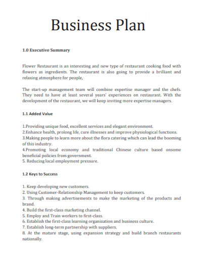 Resturant Business Plan Executive Summary