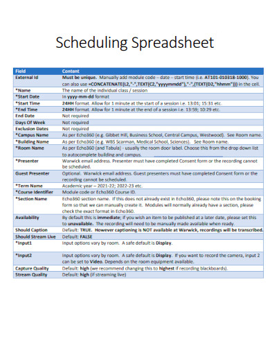 Scheduling Spreadsheet
