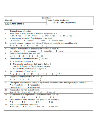 Simple Solving Equations Worksheet