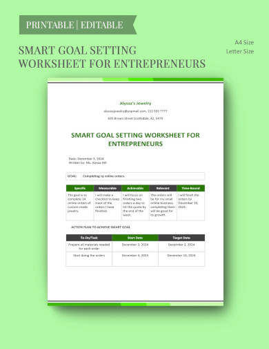 Smart Goal Setting Worksheet For Entrepreneurs